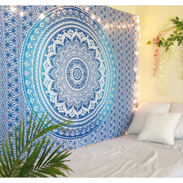 Blue Mandala Tapestry Round Yoga Mat Boho Beach Throw Blanket Wall Hanging Decor